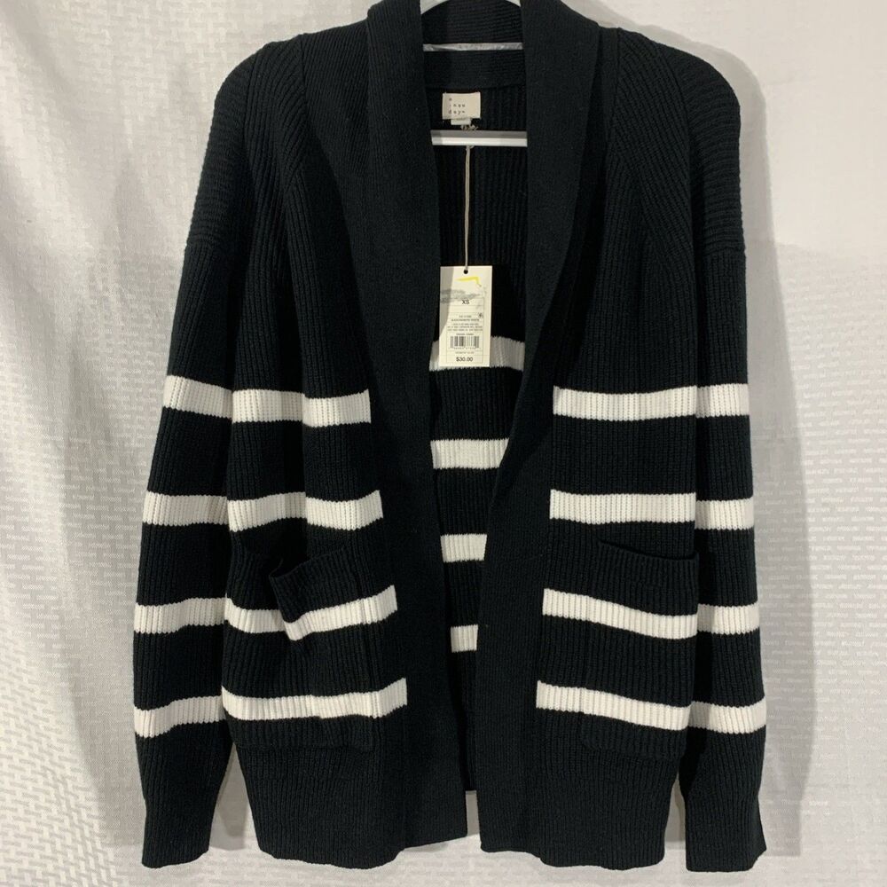 A New Day Cardigan Black Whites Stripes Womens XS Sweater Oversized S/M